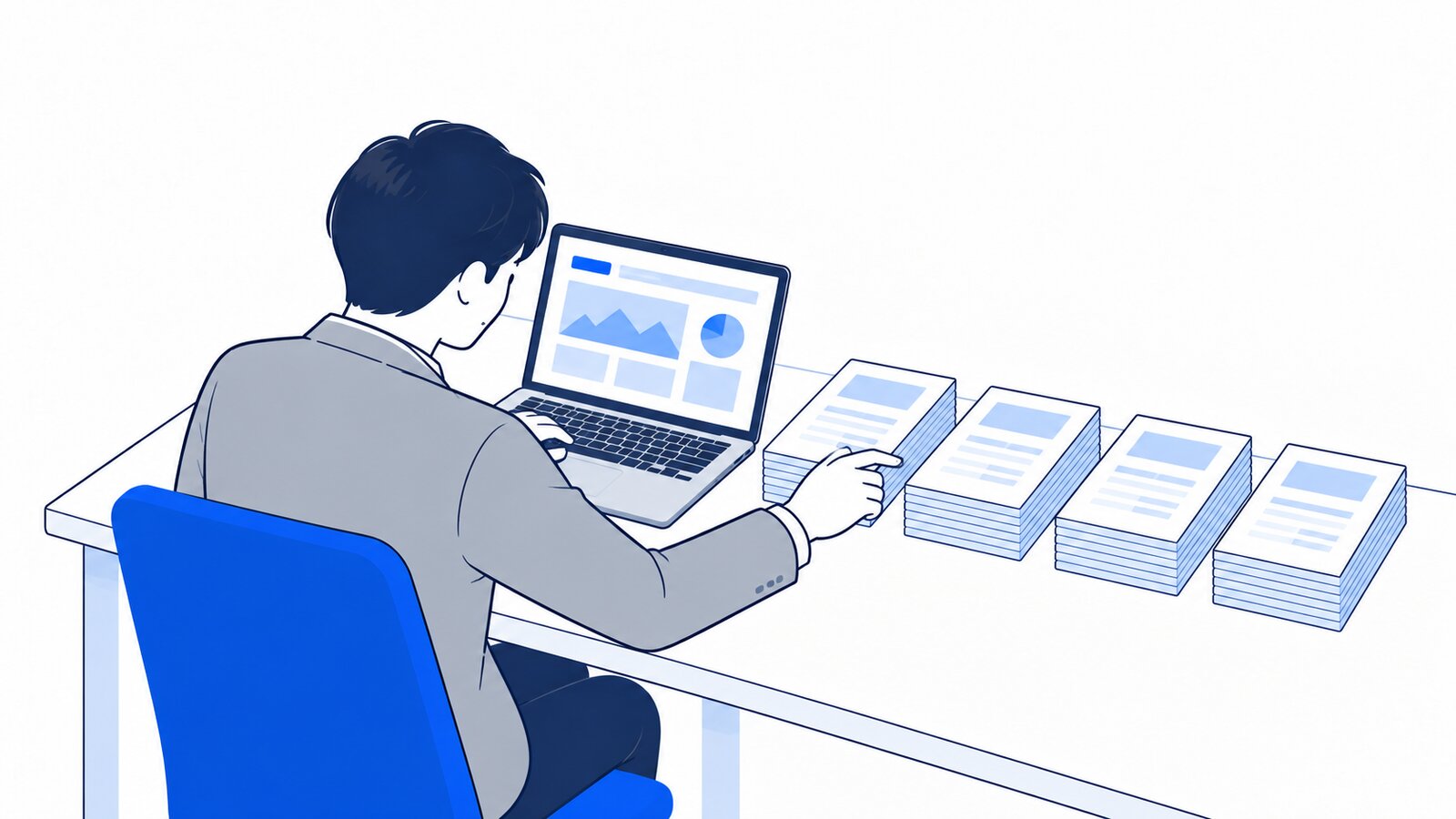 会社員が机の上に4つの書類の束を並べ、ノートPCを見ながらどれを使うか選んでいる場面