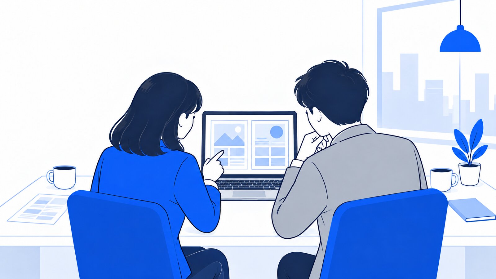 二人の会社員が一台のノートPCを並んでのぞき込み、二つの案を比べて相談している場面