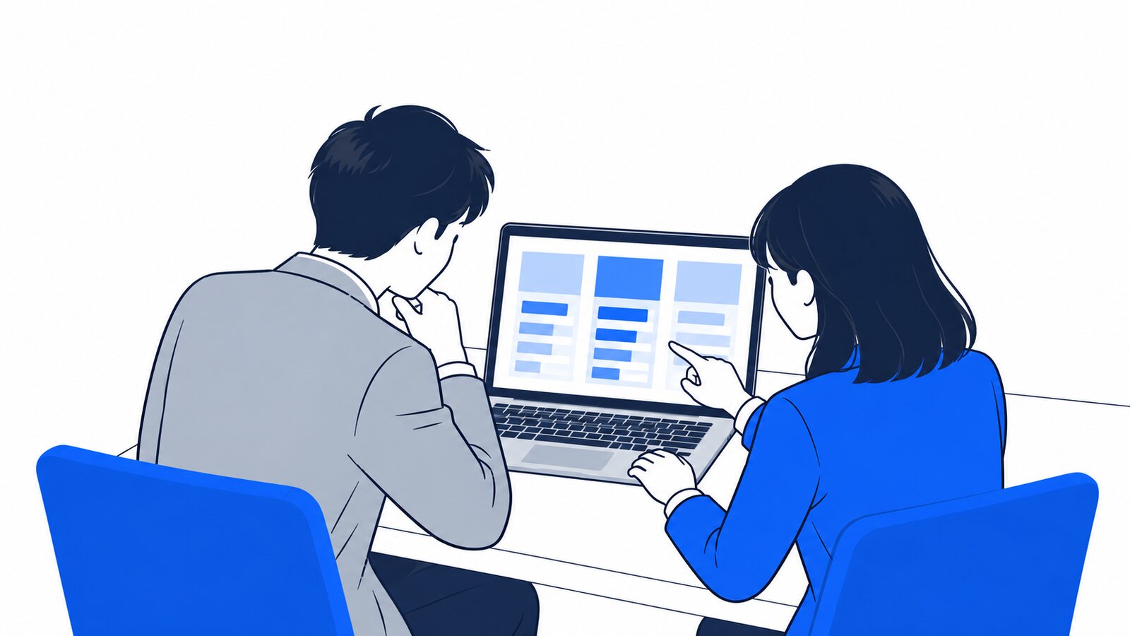 経営者と担当者がノートPCの料金表を見ながら相談している場面。PCは二人の方を向いている