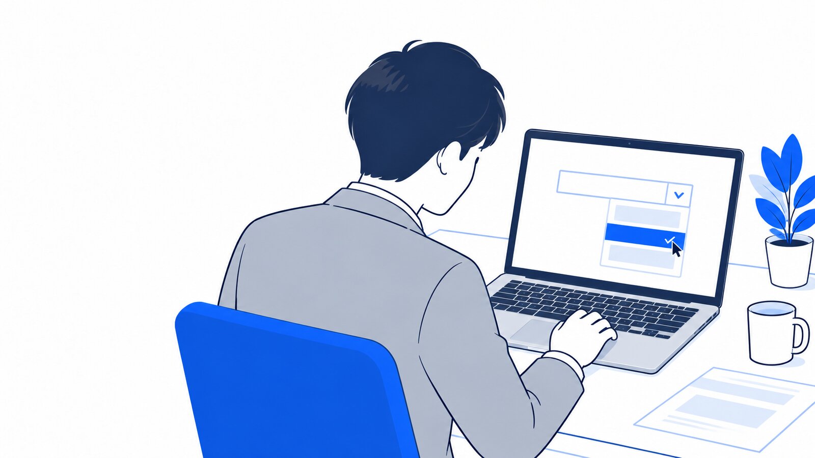 会社員がノートPCで入力欄の横のメニューを開き、モデルを選んでいる様子を肩越しに見た場面