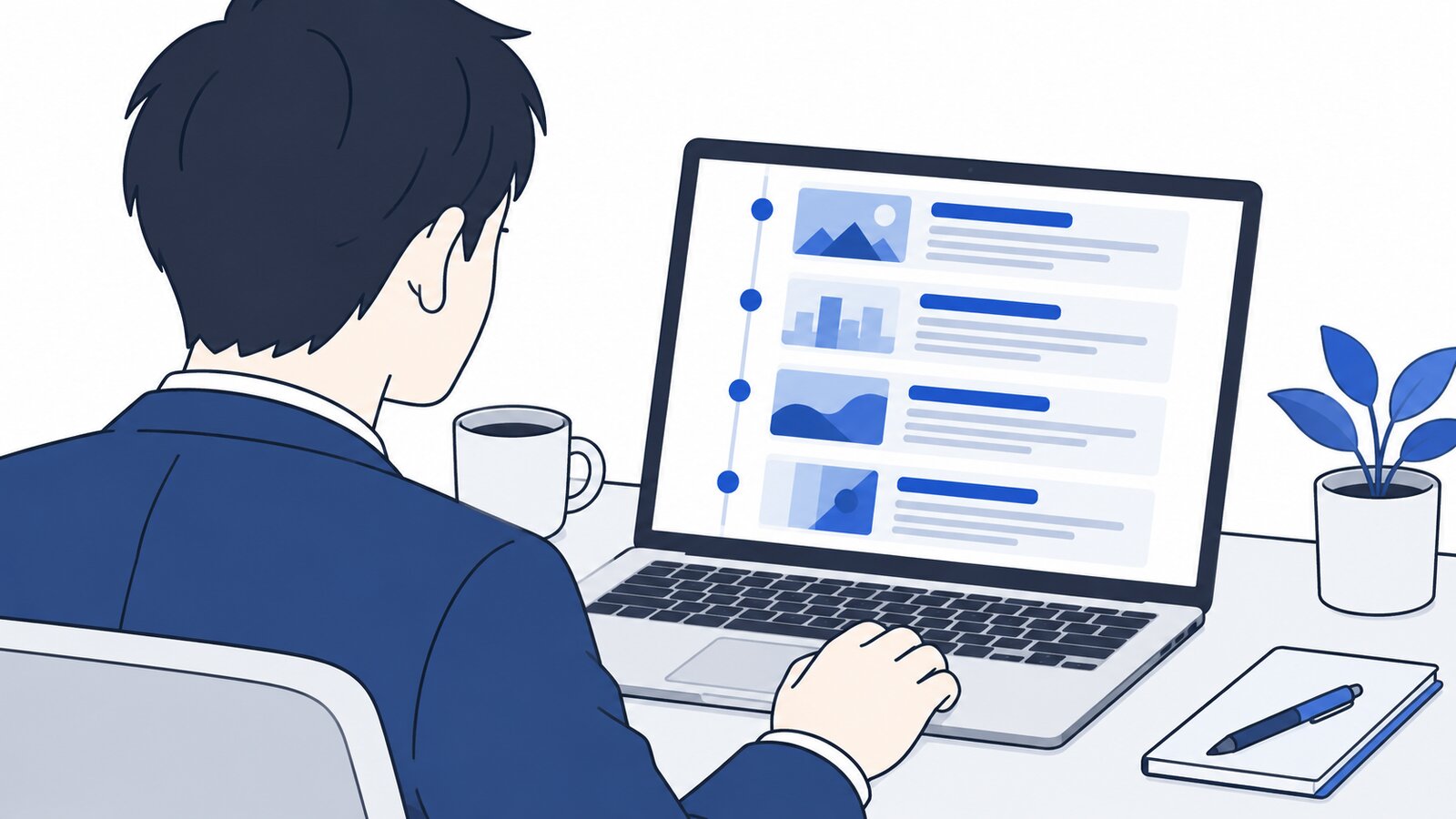 会社員がノートPCでAIのニュースを時系列で読み比べている様子を、肩越しに見る構図