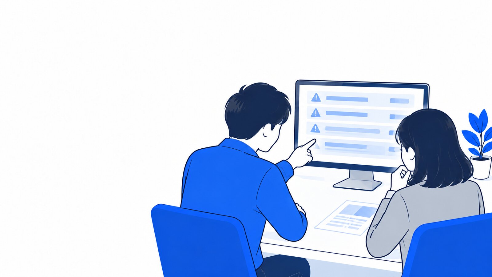 エンジニアと担当者が並んでPCの画面を見ながら、プログラムの弱点の一覧を確認している