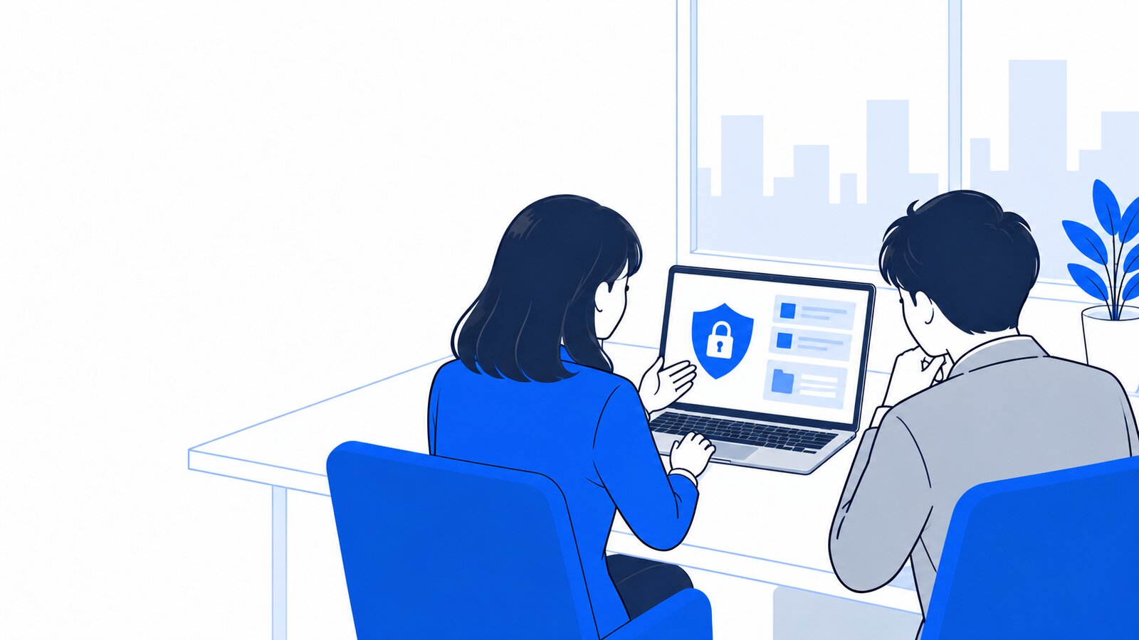 会議室で担当者がノートPCの資料を見ながら、セキュリティのルールを上司に説明している