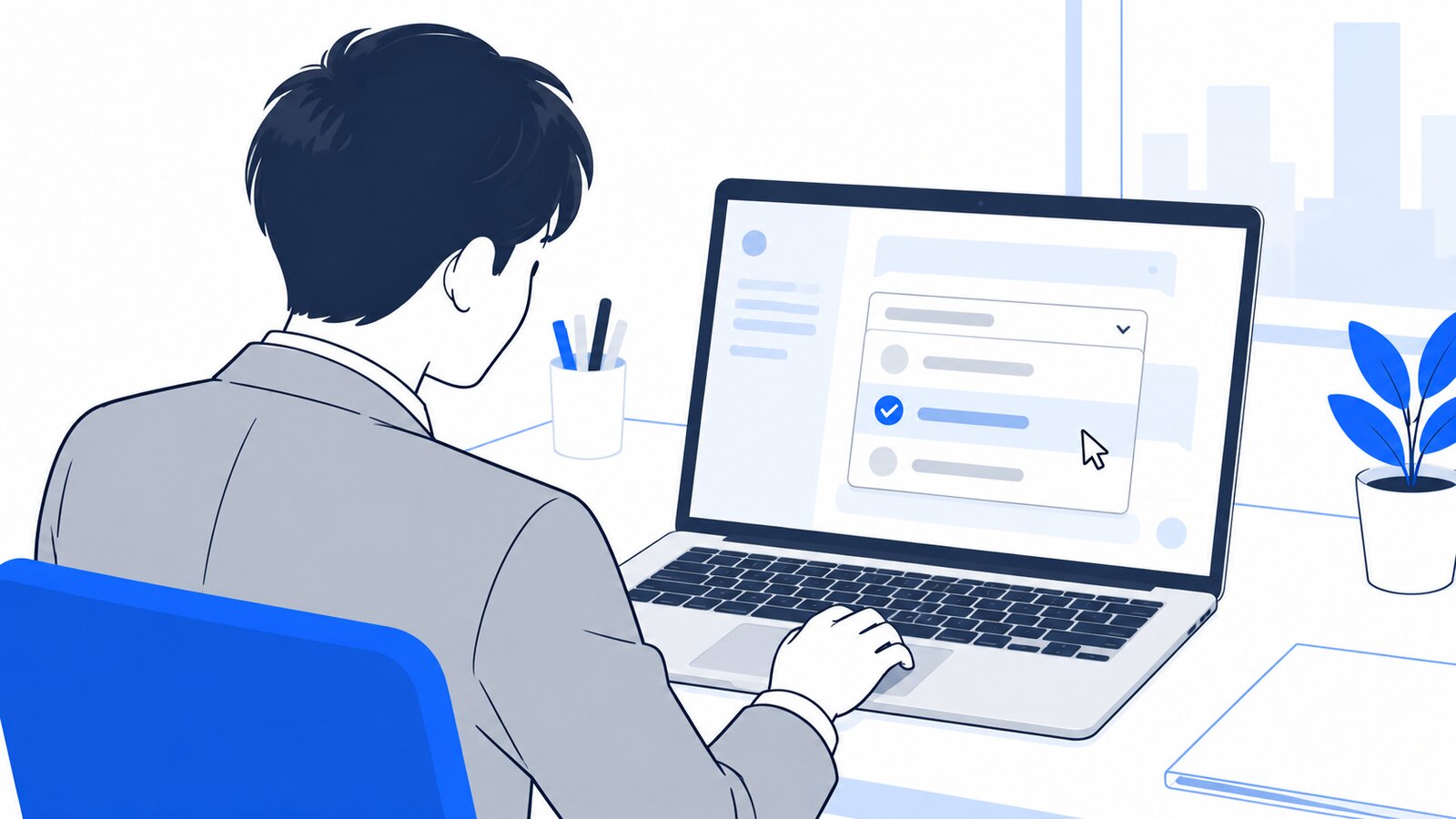 会社員がノートPCでClaudeのモデル選択メニューを開いて選んでいる様子を、肩越しに見る構図