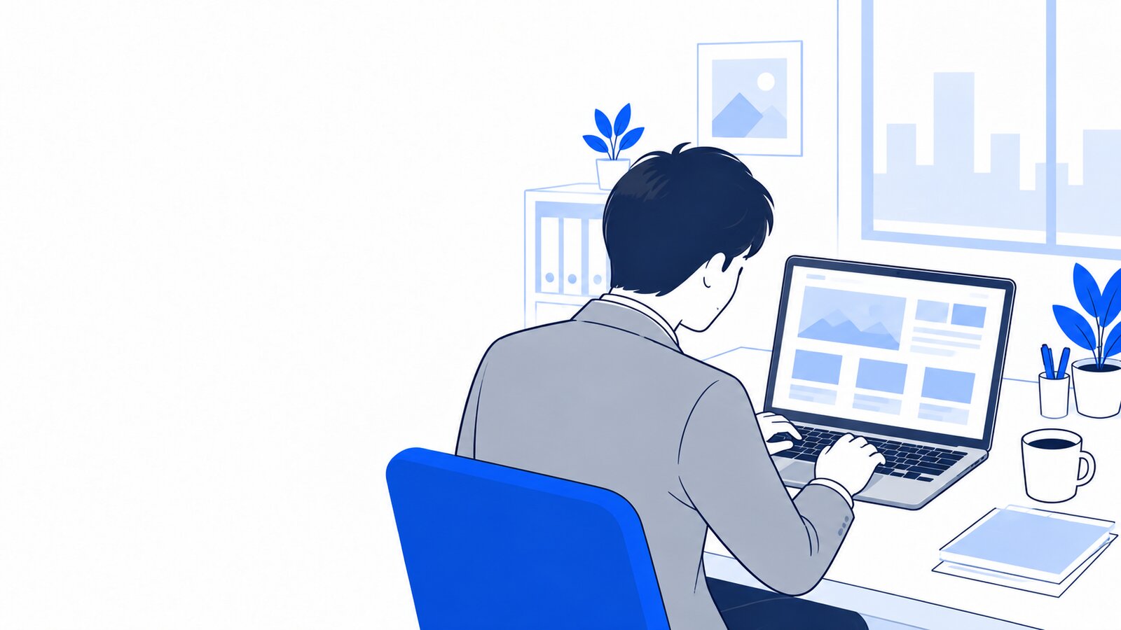 小さな会社の事務所で、担当者がノートPCで自社サイトの更新状況を確認している