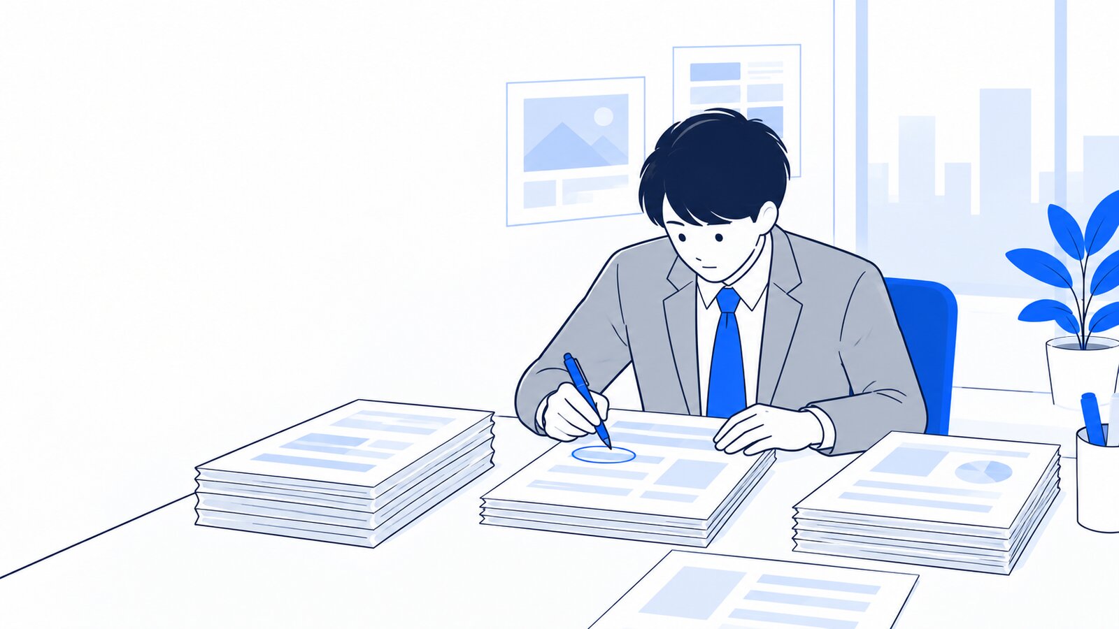 書類の束から注意すべき項目に印をつける担当者