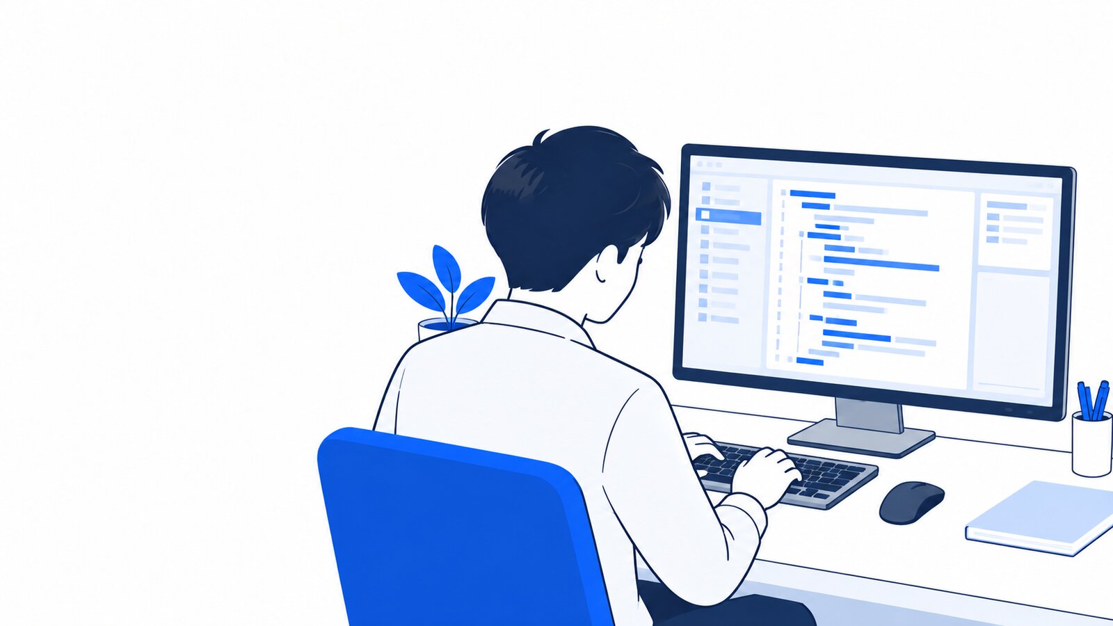 エンジニアが社内ツールのコードを画面で確認している場面