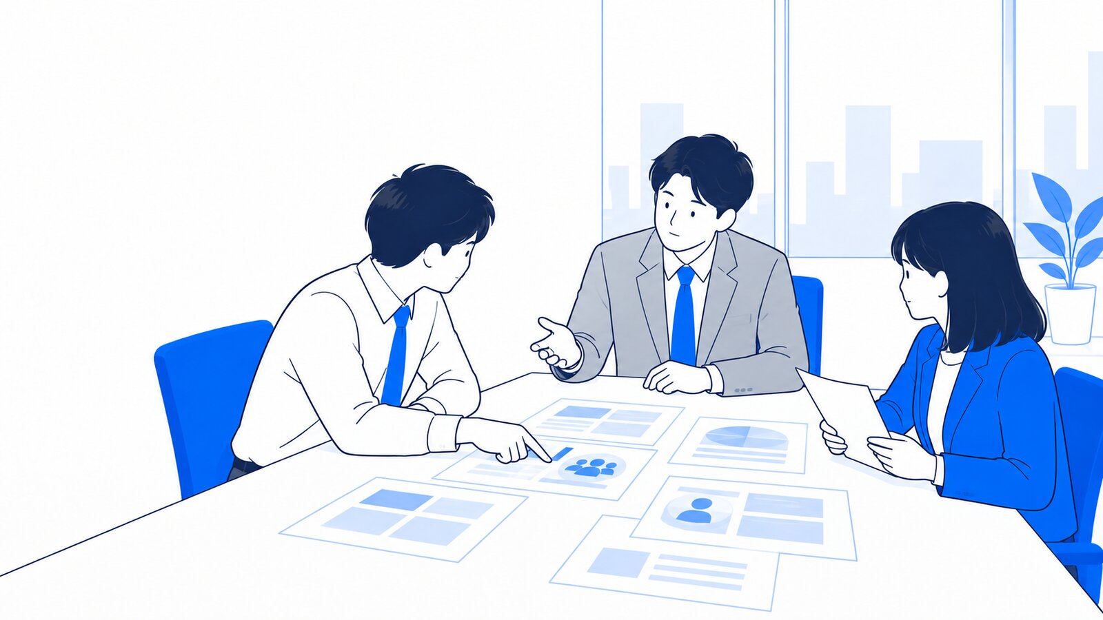 会議室で利用ルールの資料を囲んで話し合う担当者と上司