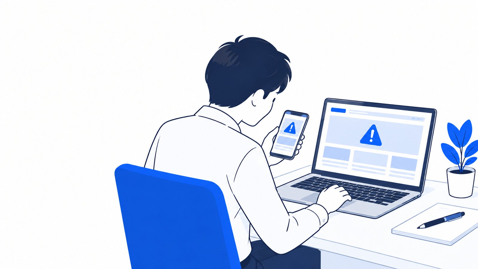 ノートPCの前で、スマホを手に障害情報を確かめている会社員
