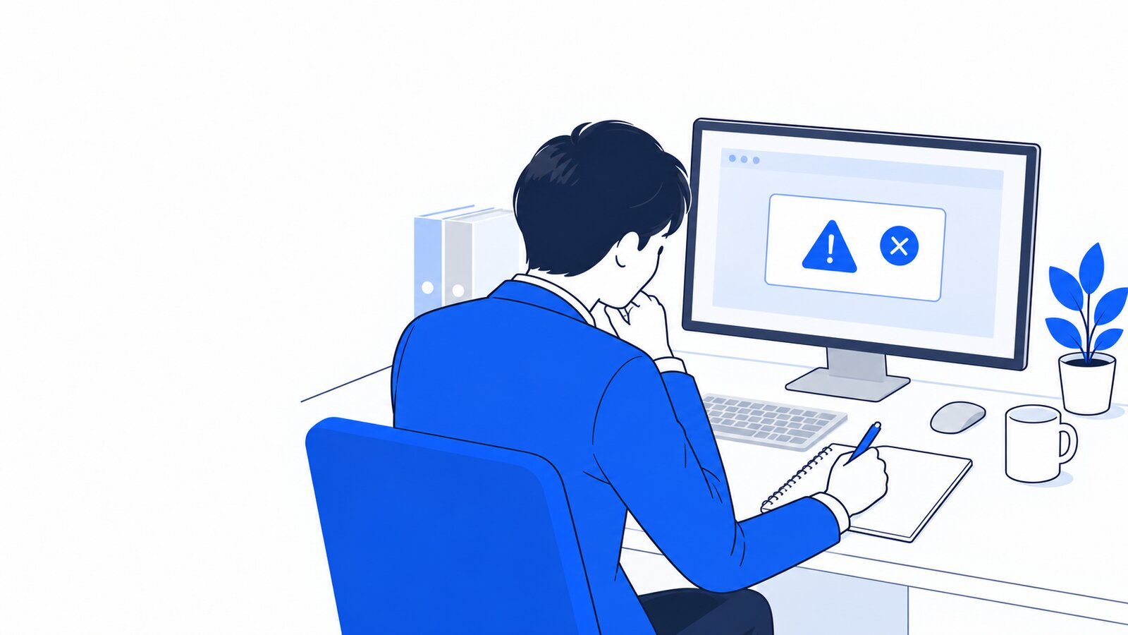 デスクでPC画面のエラー表示を見ながら、メモを取る担当者