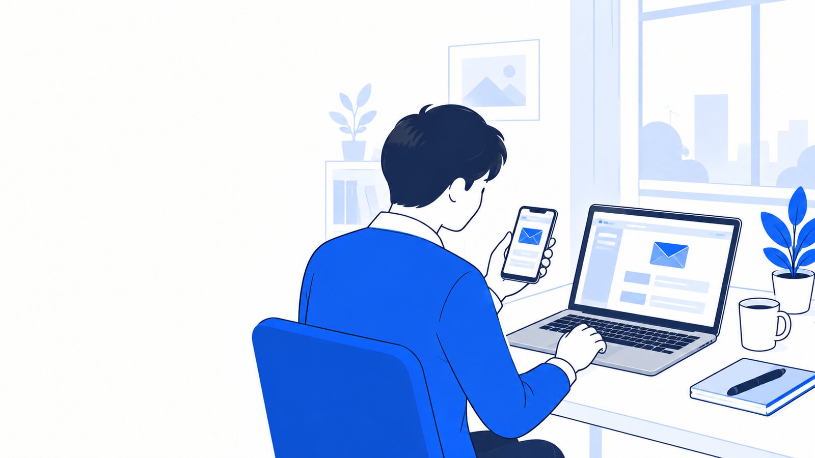自宅でノートPCとスマホを並べ、ログイン用のメールを確かめている人