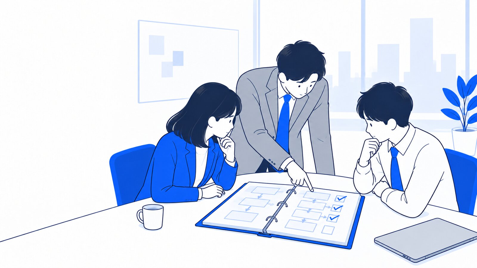 会議室で、AIが使えないときの手順書を確認している担当者たち