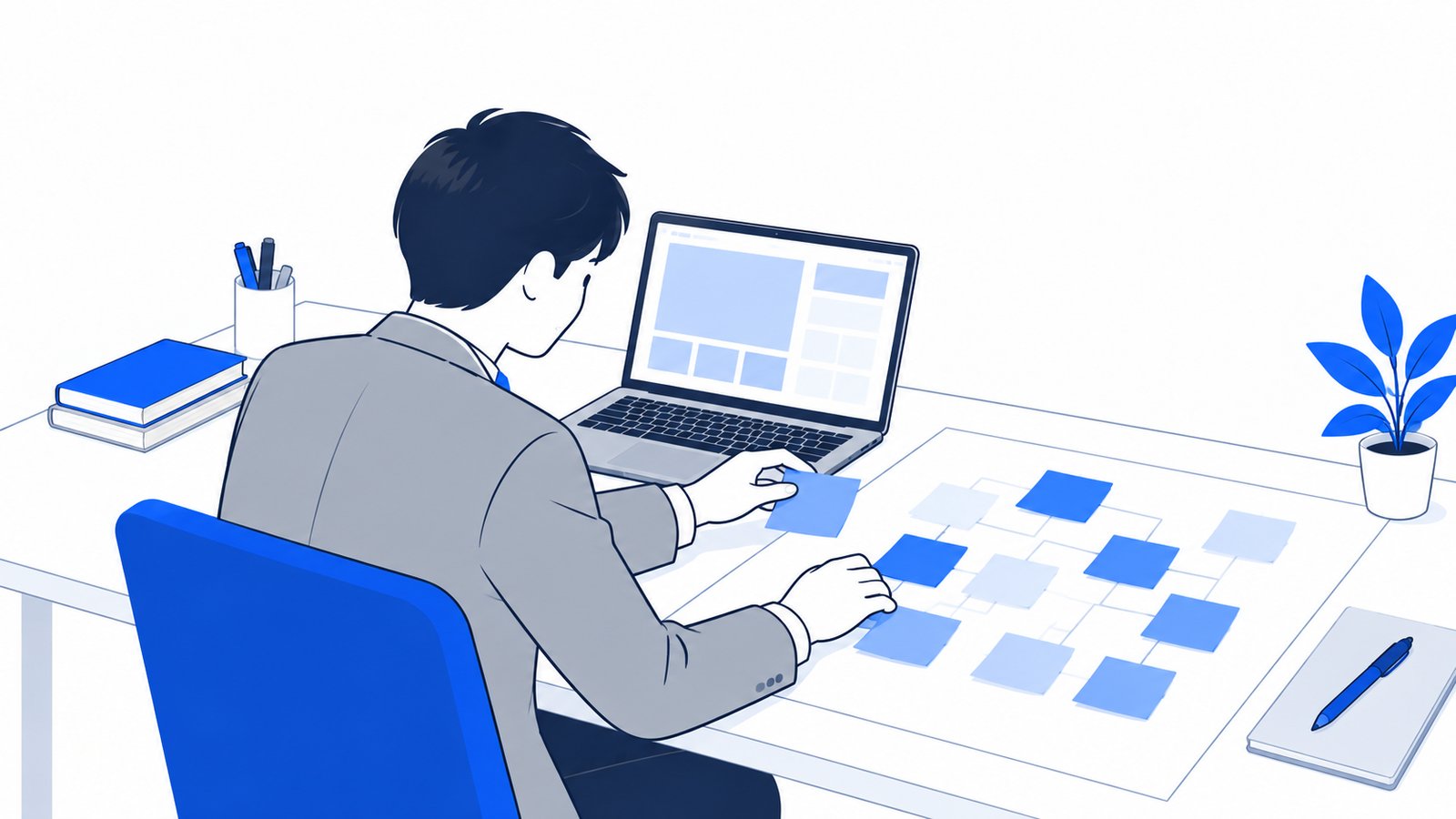 付箋を並べた紙とノートPCで、物語の流れを整理する書き手