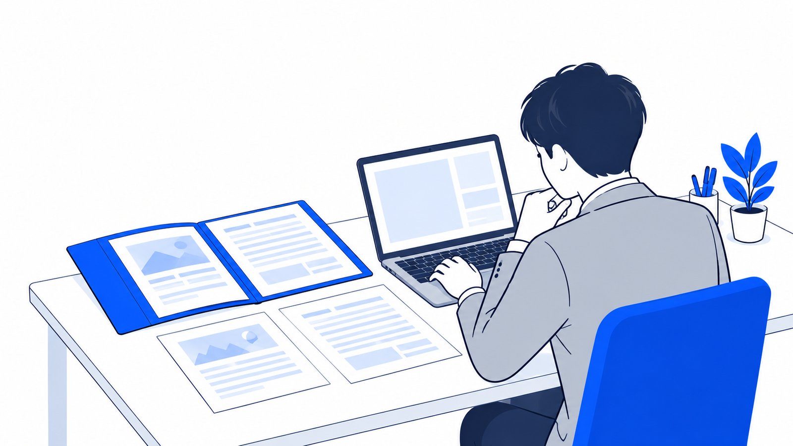 設定資料のフォルダと原稿を並べて、ノートPCで内容を確認する書き手