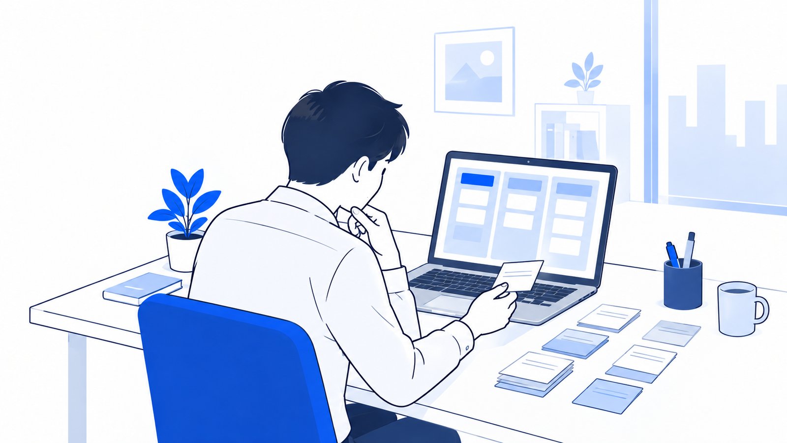 ノートPCの前でメモの整理のしかたを選んでいる会社員