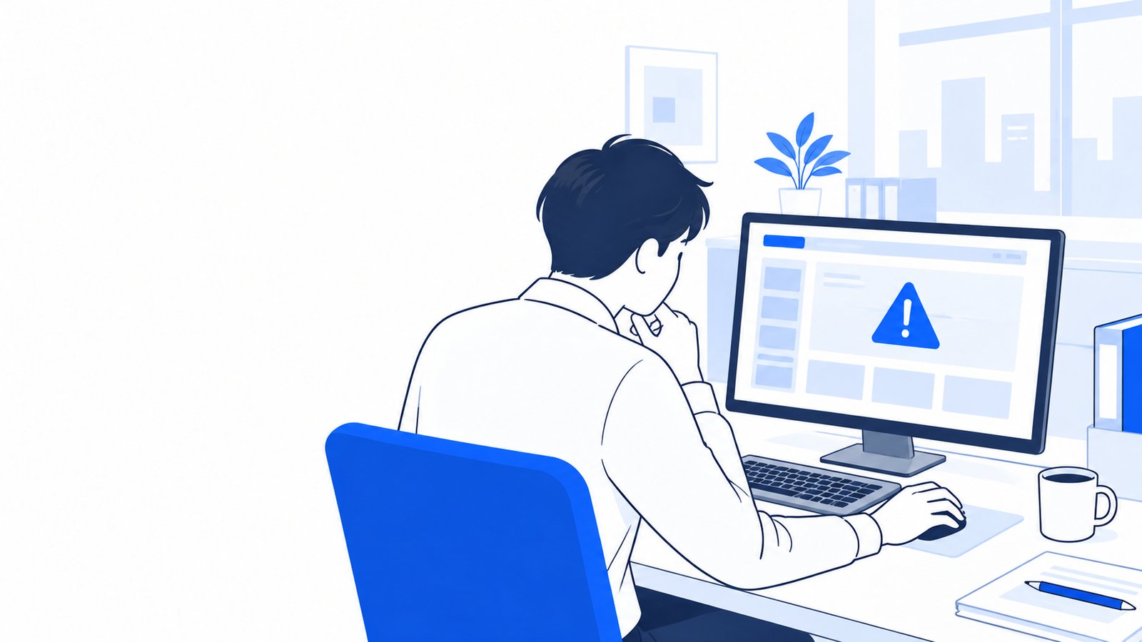 エラーの表示された画面を前に、原因を探している会社員