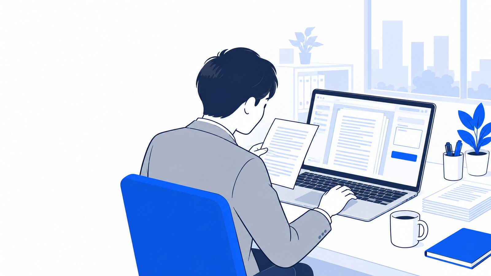 ノートPCで長い資料をAIに作らせ、内容を確かめる会社員