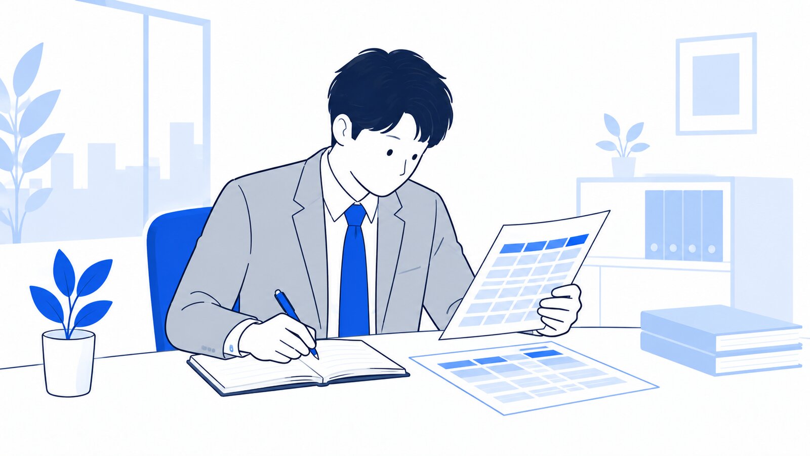 自席で料金表を見比べてメモを取る経営者