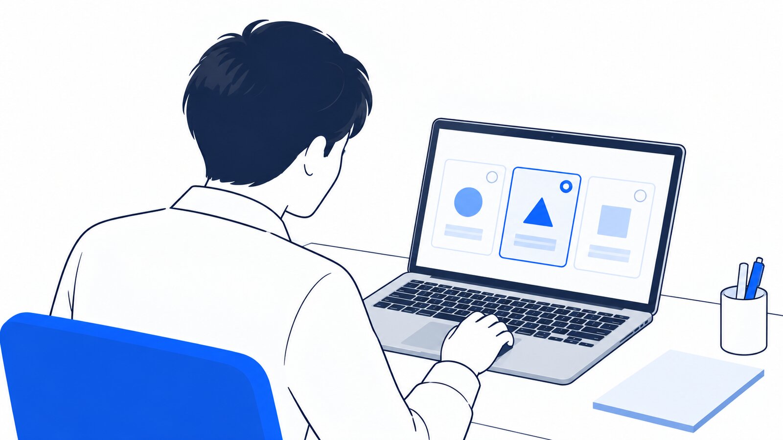 ノートPCのモデル選択の画面を操作する人を肩越しに見た様子