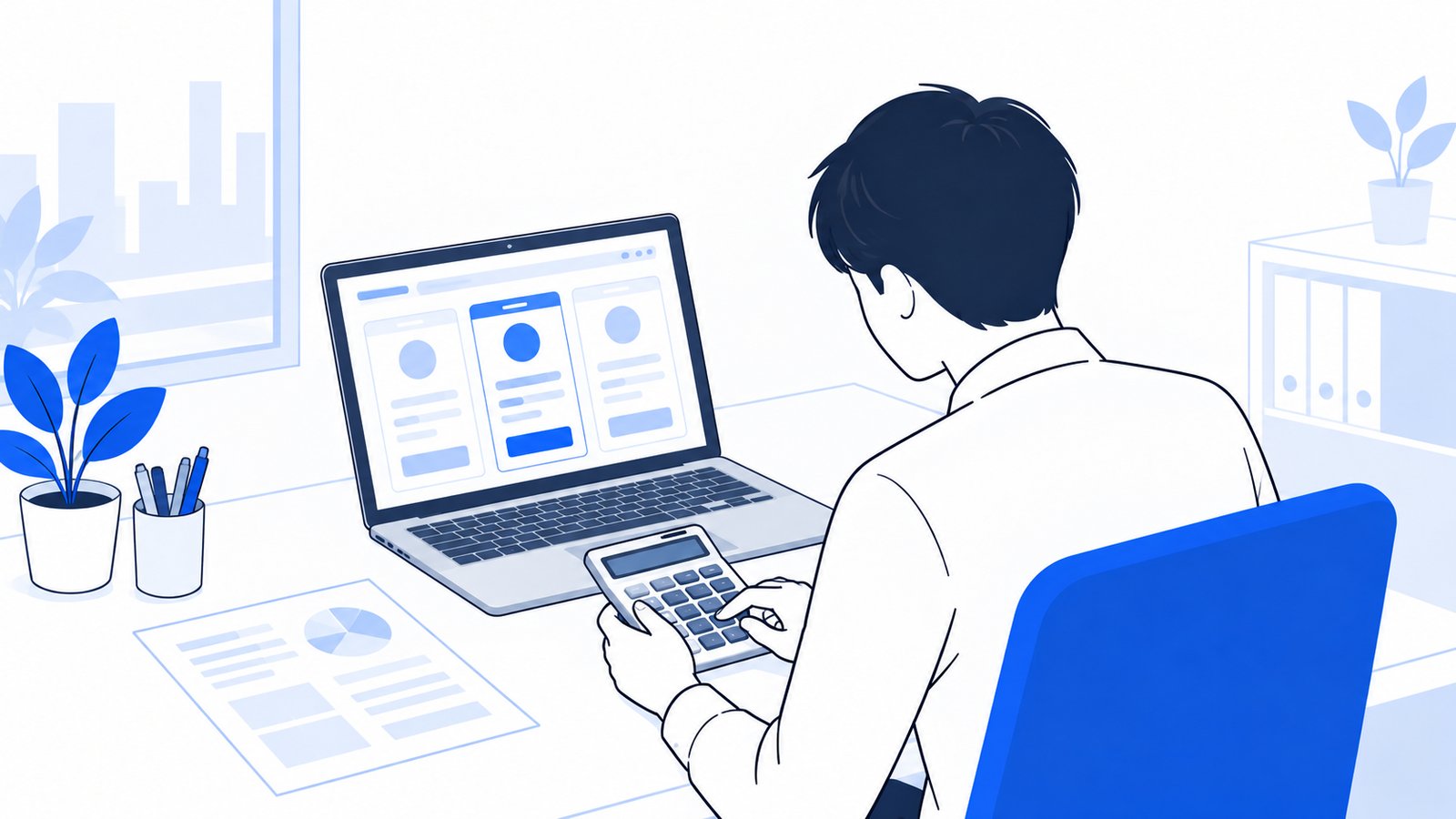 自席でノートPCに料金ページを開き、電卓で円に換算している会社員。画面は本人の方を向いている