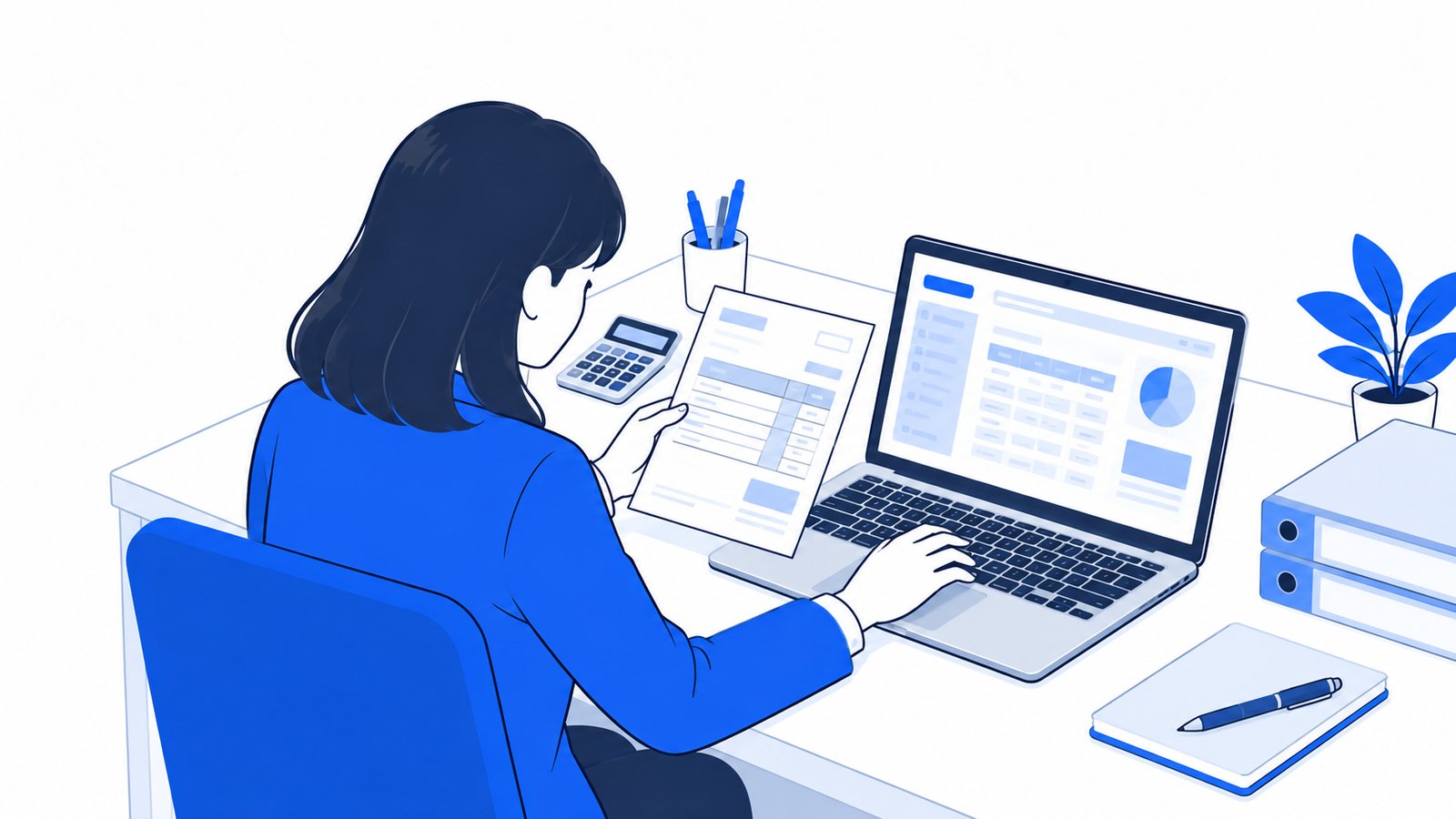 請求書とノートPCを机に並べて、税額と登録番号を確かめる経理担当者。画面は本人の方を向いている