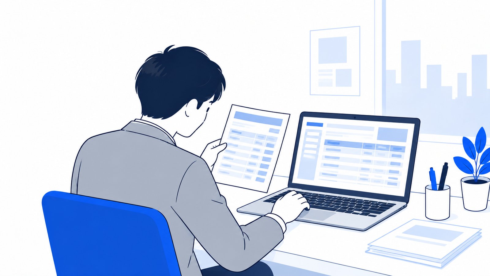 カードの明細とノートPCの請求画面を見比べている会社員。画面は本人の方を向いている