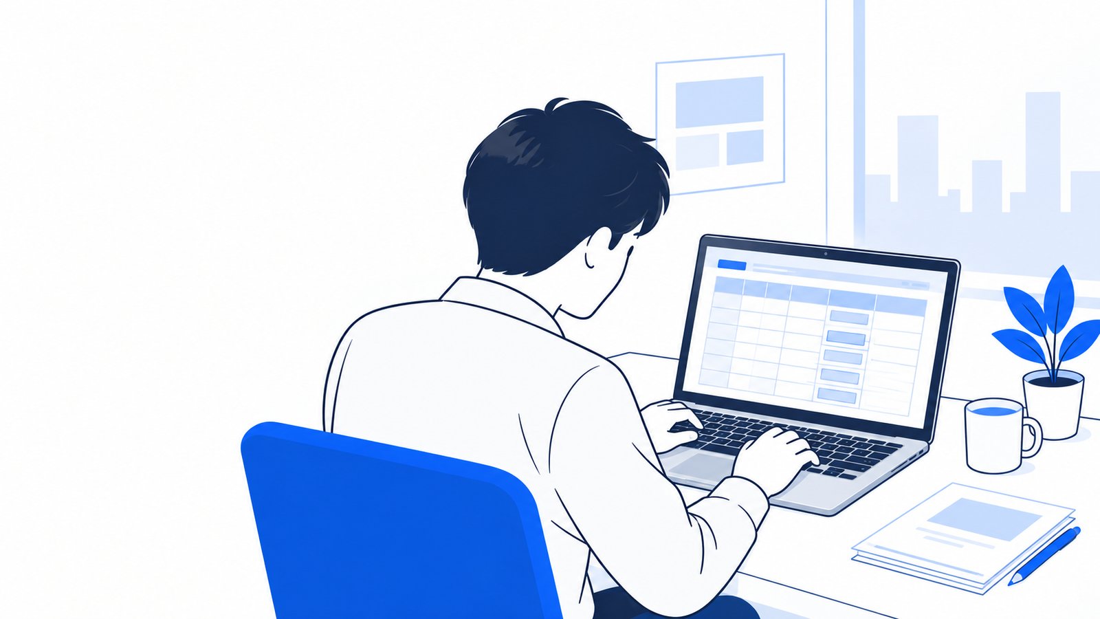 開発担当がノートPCで、使用量の試算表に円の金額を入れている様子。画面は本人の方を向いている