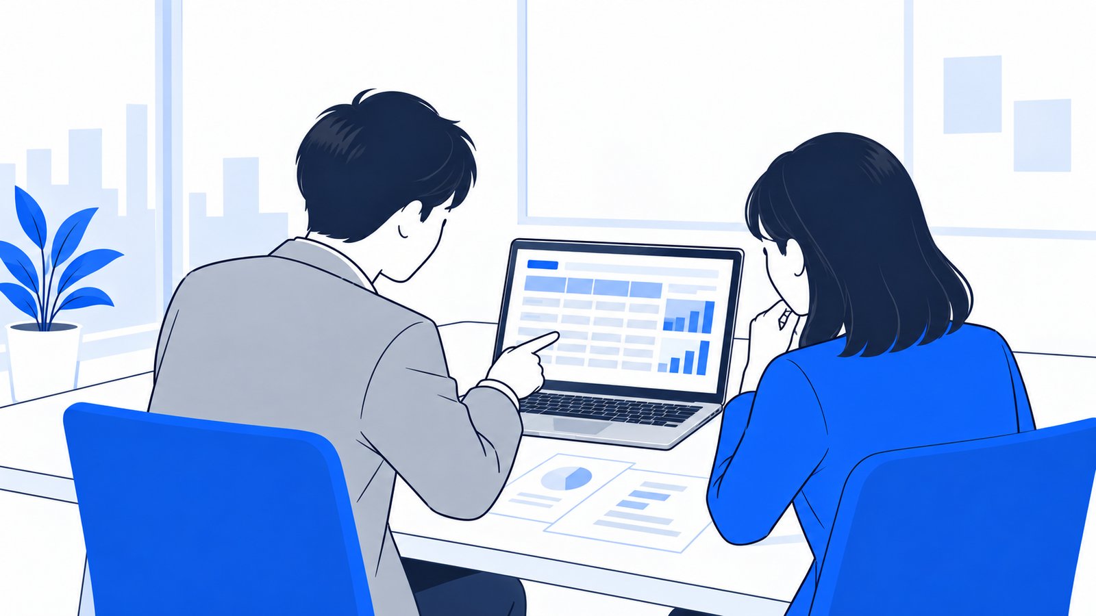 会議室で、ノートPCの予算表を見ながら人数と金額を相談する二人。画面は二人の方を向いている