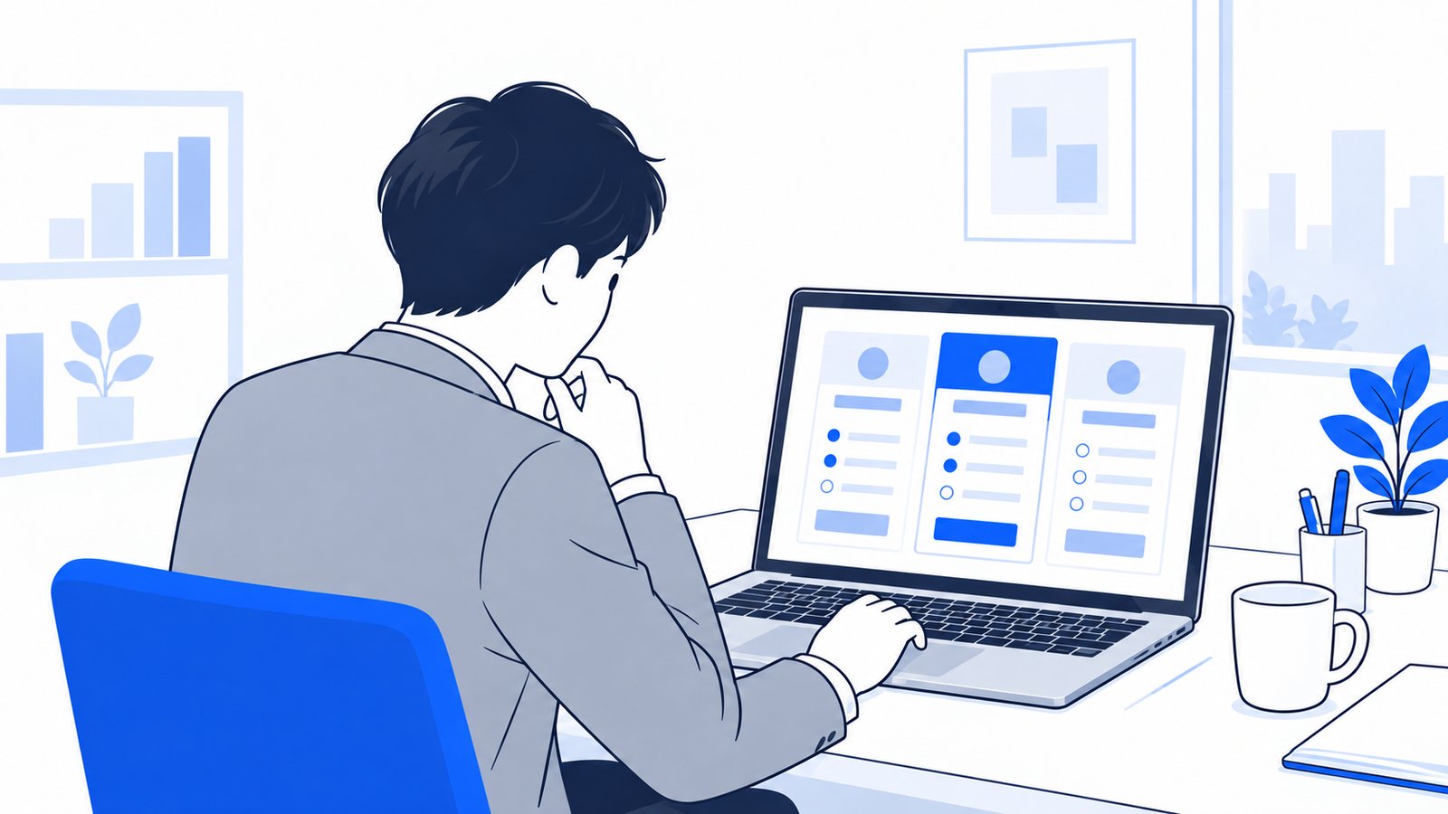 ノートPCで円換算のプラン比較表を開き、どれを契約するか考える個人事業主。画面は本人の方を向いている
