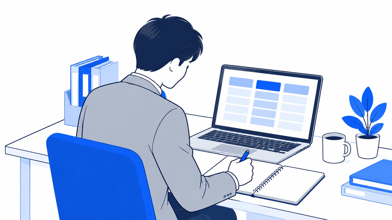 自席でノートPCに料金表を開き、メモを取る経営者。画面は本人の方を向いている
