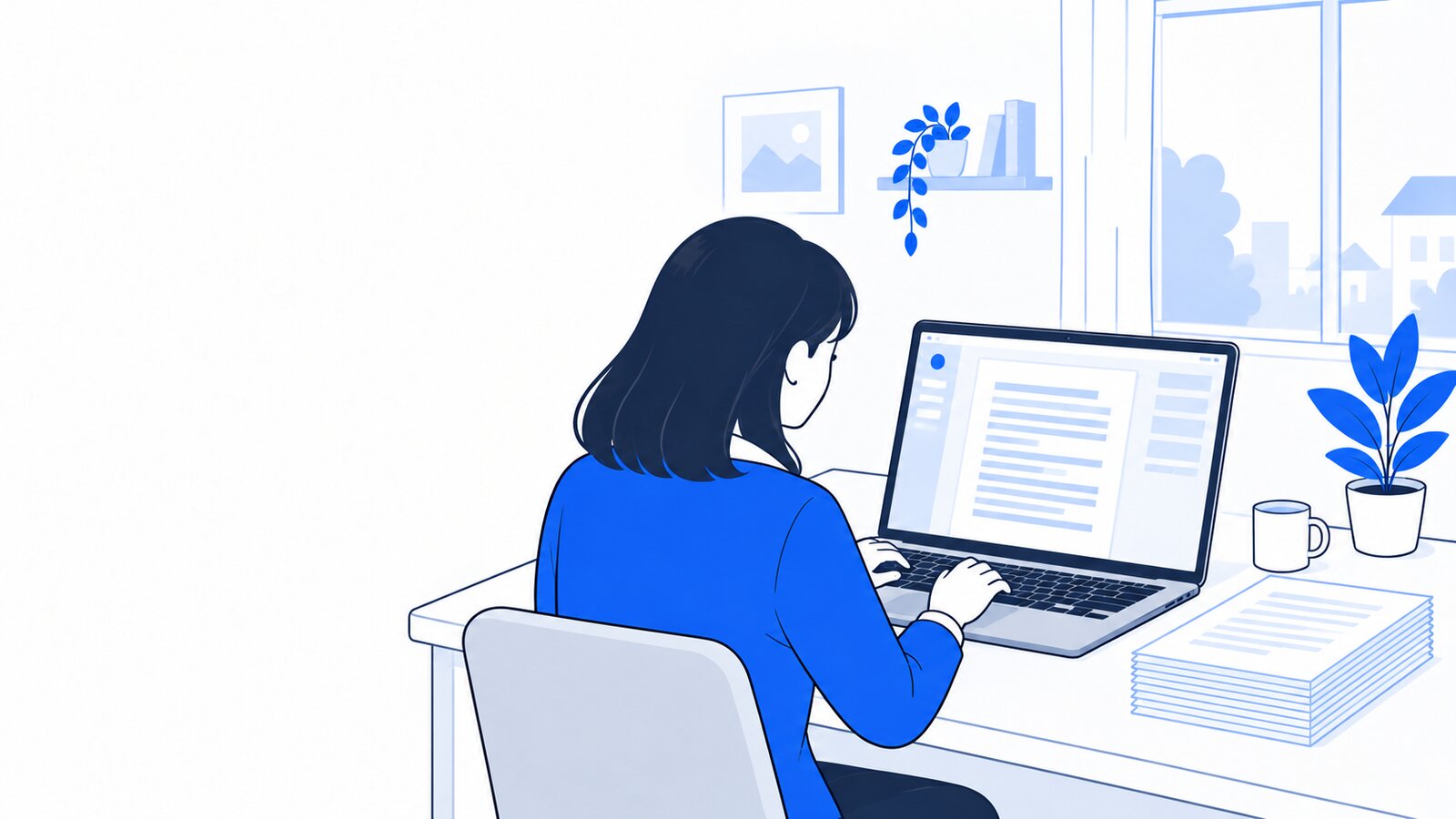 自宅の机でノートPCを使い、Claudeに長い資料を作らせている人。画面は本人の方を向いている