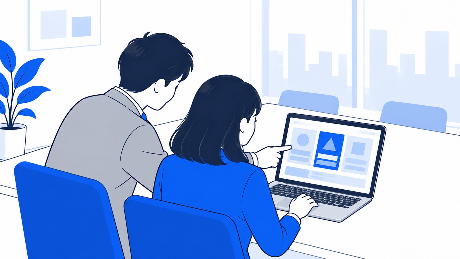 会議室で上司と担当者がノートPCを見ながらプランを決めている様子。画面は担当者の方を向いている
