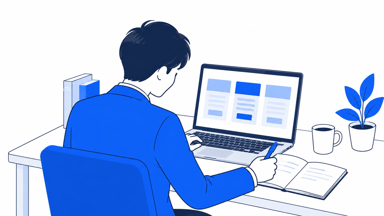 自宅の机でノートPCの料金ページを見ながらメモを取る人