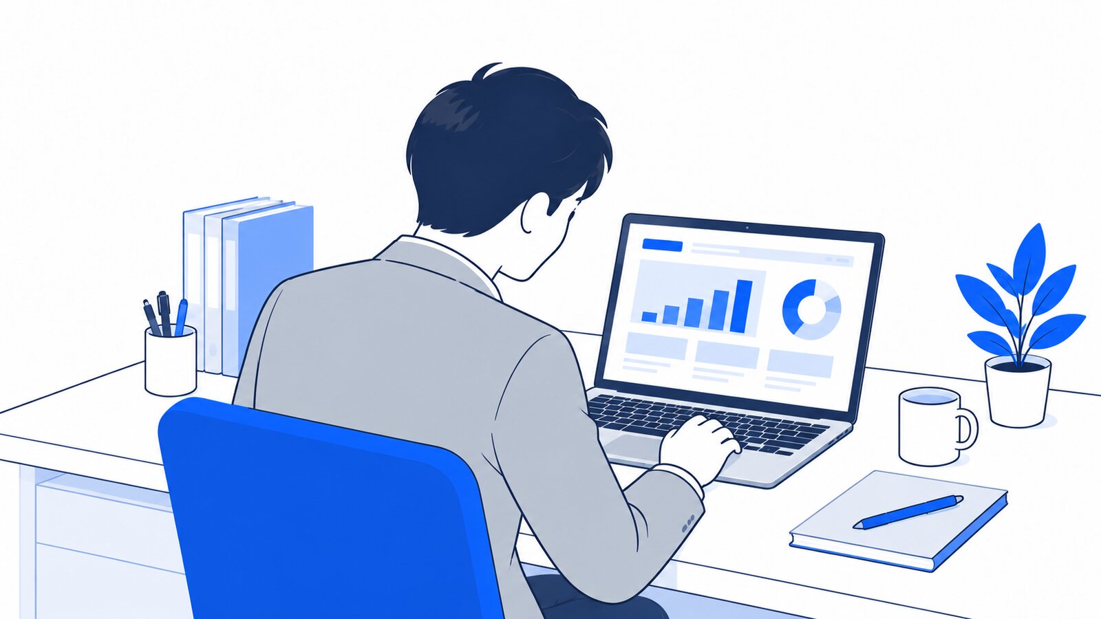 自席でノートPCの使用量の画面を確かめる担当者を肩越しに見た様子