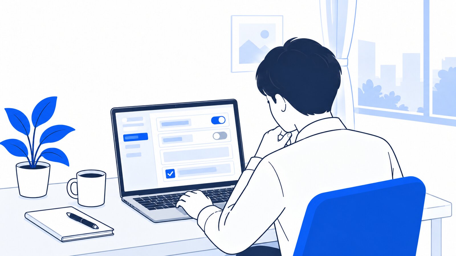 自宅でノートPCの設定画面を開き、契約内容を確かめる人