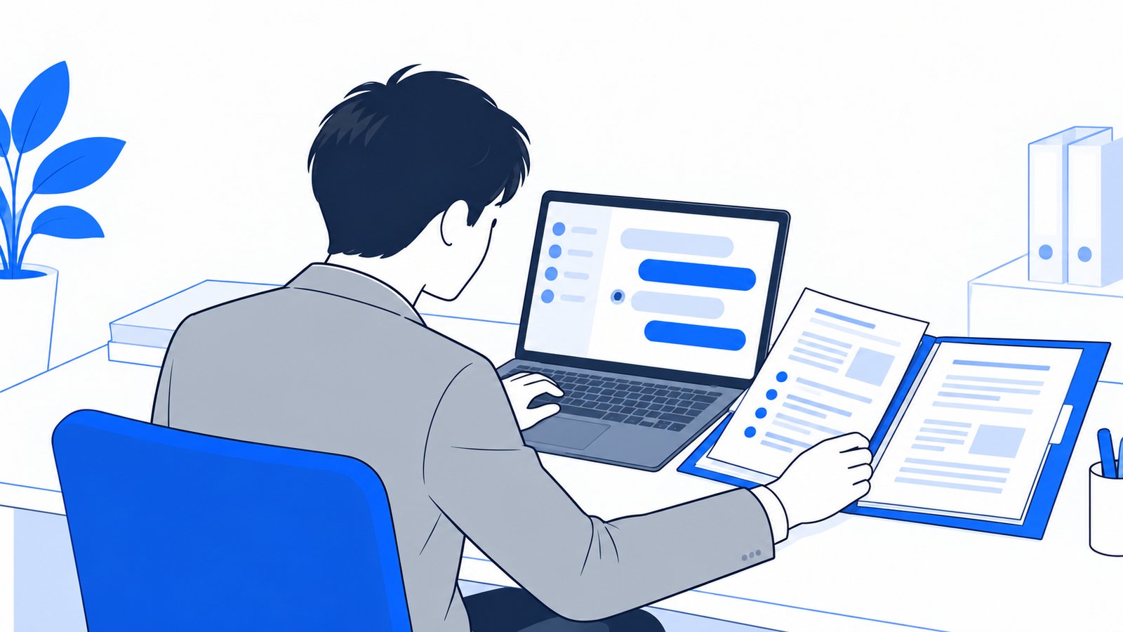 資料と指示をまとめたフォルダを見ながら、ノートPCでClaudeに相談する会社員