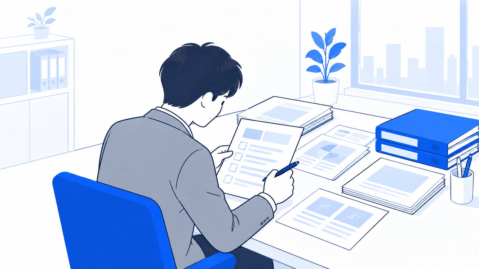 指示を書いたメモとファイルを机に並べて、内容を見直す会社員