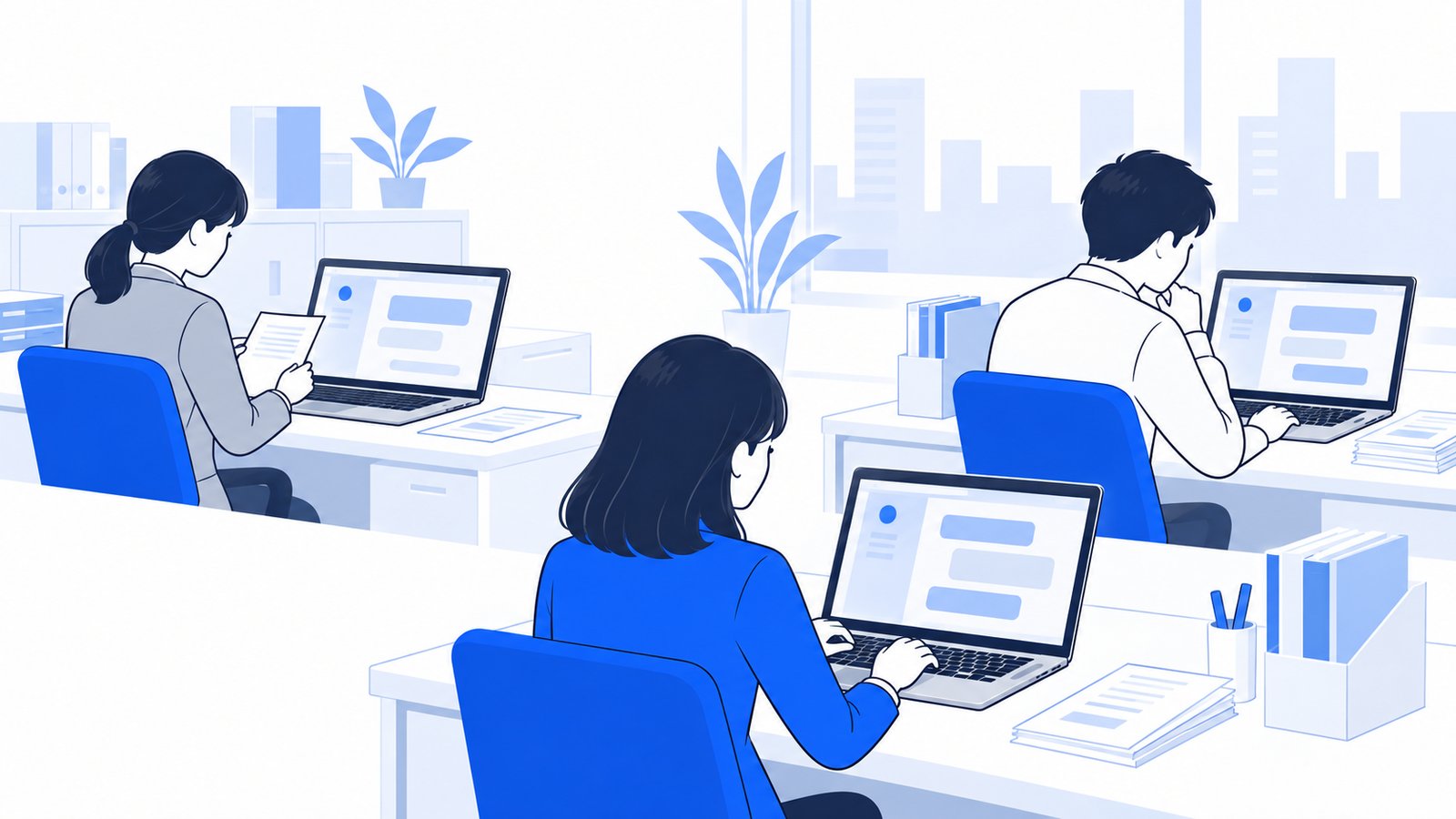 総務・営業・経理の担当者がそれぞれのPCでClaudeを使っている様子