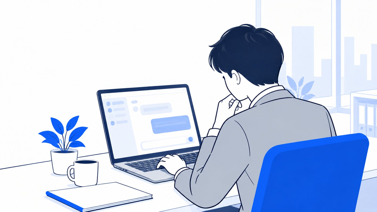 ノートPCの前で、Claudeへの依頼文を考えながら入力する会社員