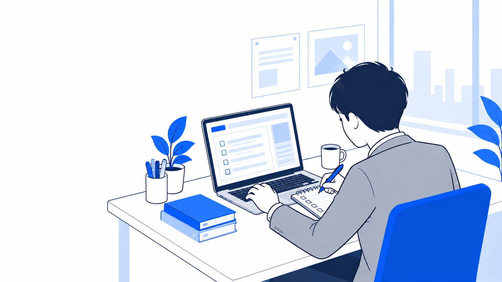 メモ用紙に依頼の項目を書き出しながら、PCに入力する担当者