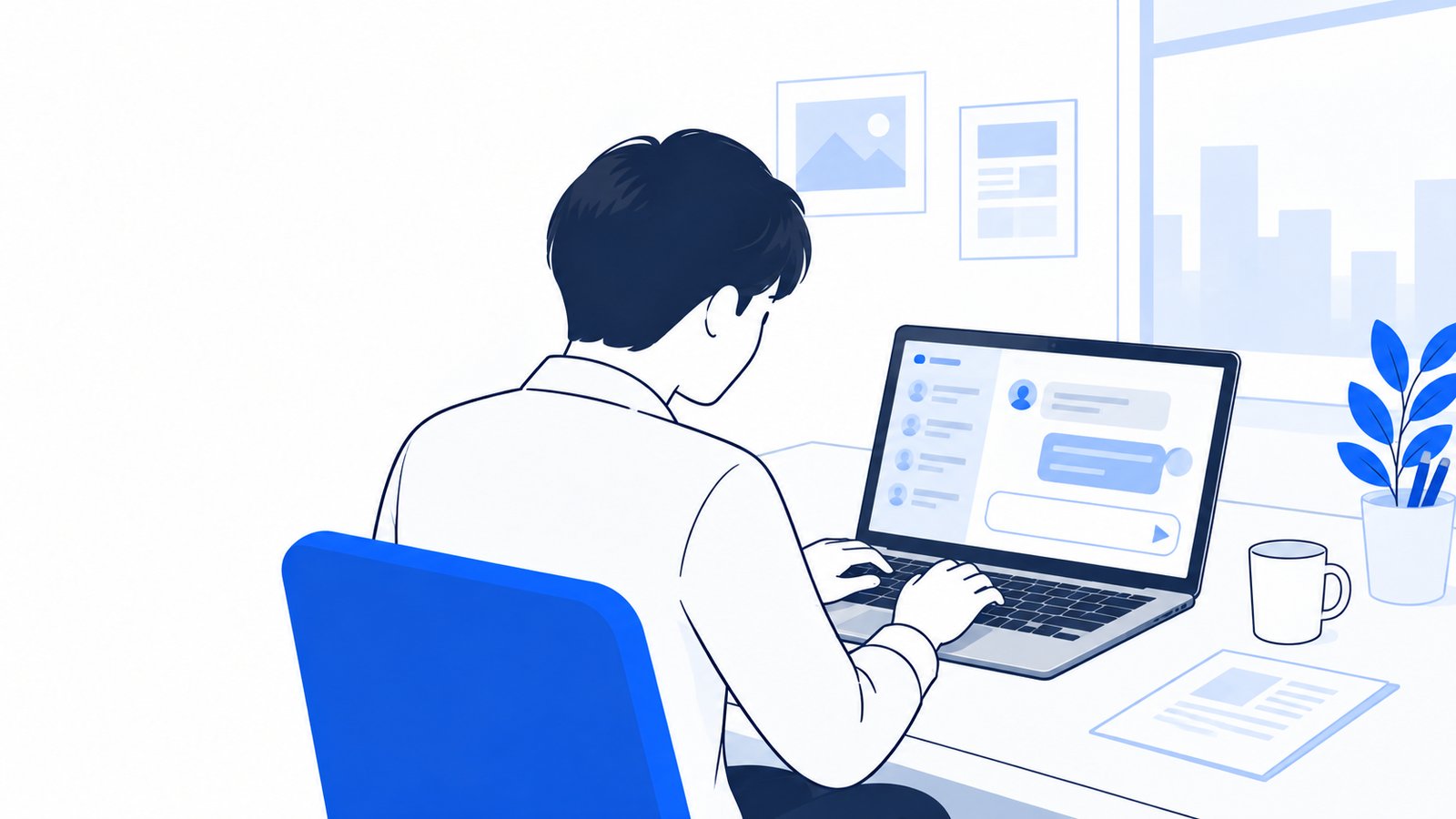 ノートPCのサポート画面に向かい、問い合わせの文章を入力する会社員