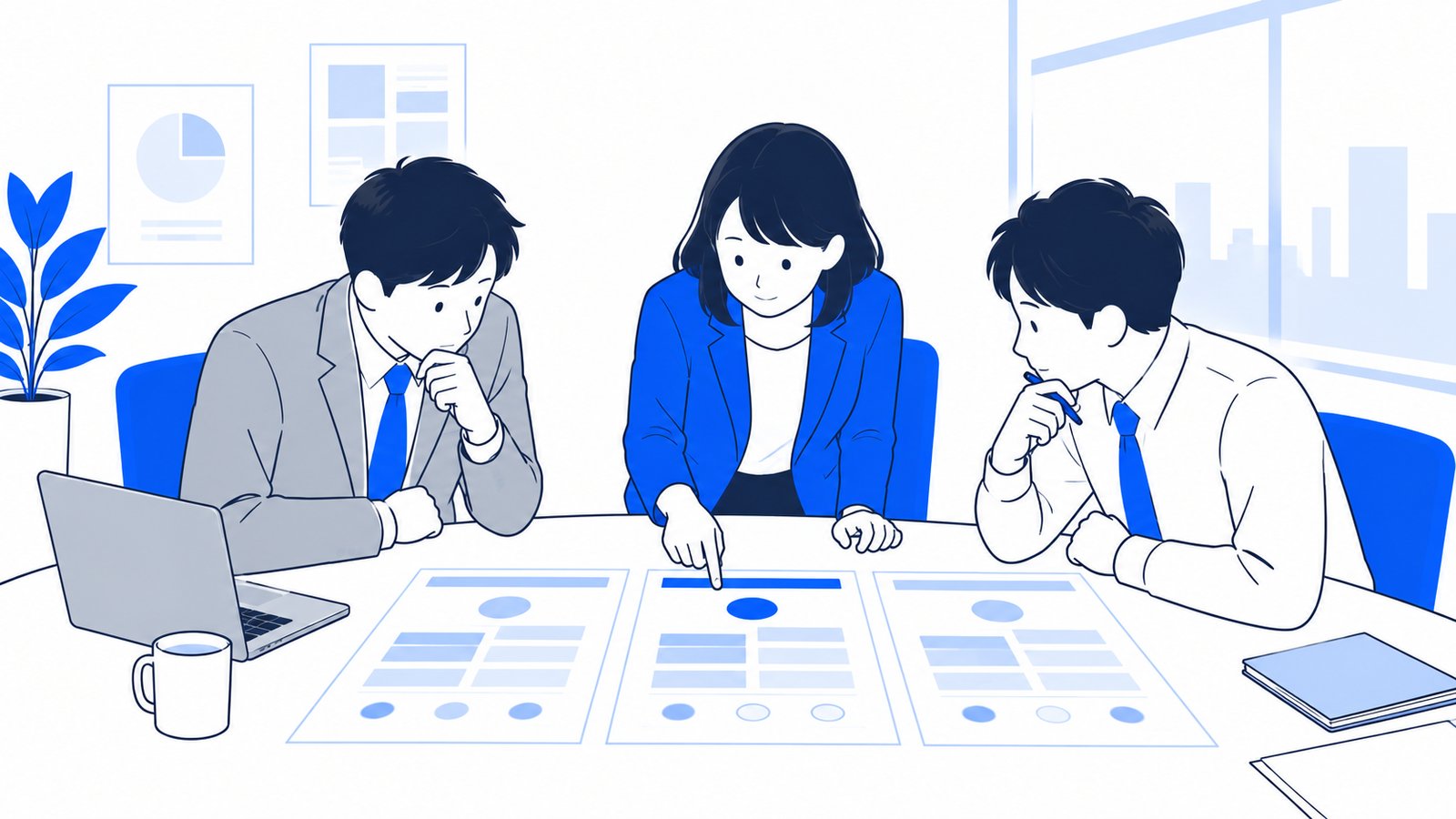 料金プランの資料を机に並べて見比べる会社員