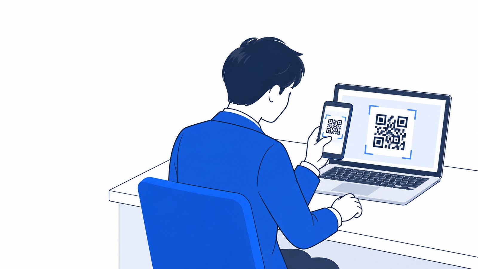 ノートPCの画面を見ながら、手に持ったスマホでQRコードを読み取る会社員