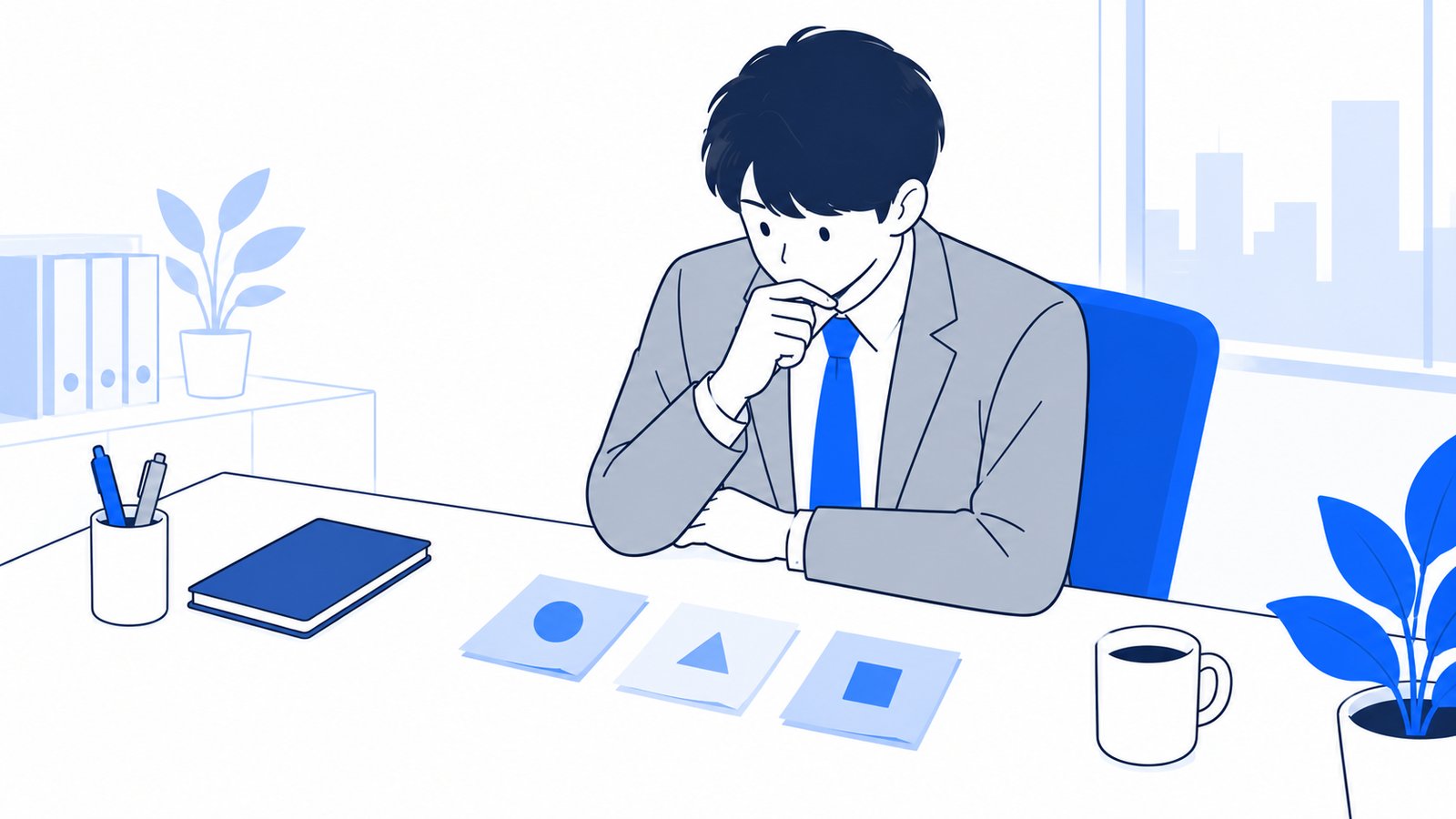 付箋に書いた3つの方法を机の上に並べて、使い分けを考える会社員