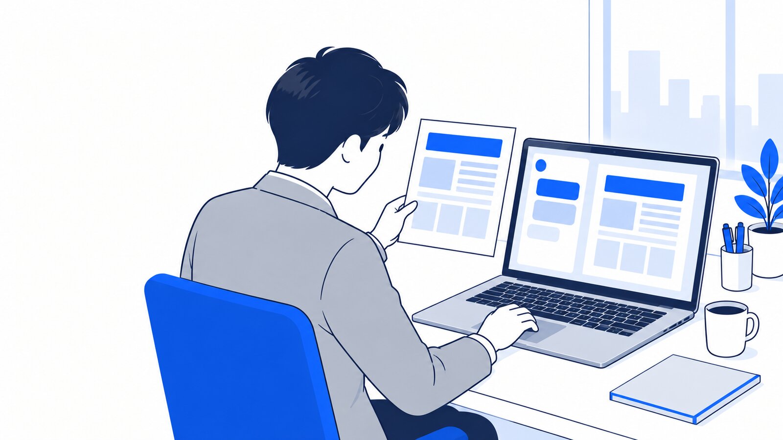 会社員がノートPCでClaudeに資料づくりを頼み、社内の書式どおりに仕上がったかを確かめている場面
