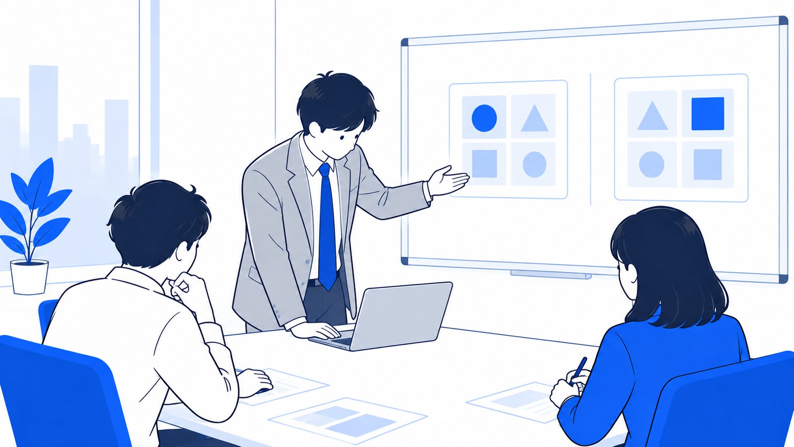 会議室のホワイトボードの前で、担当者がノートPCを見ながら機能の違いを説明している場面