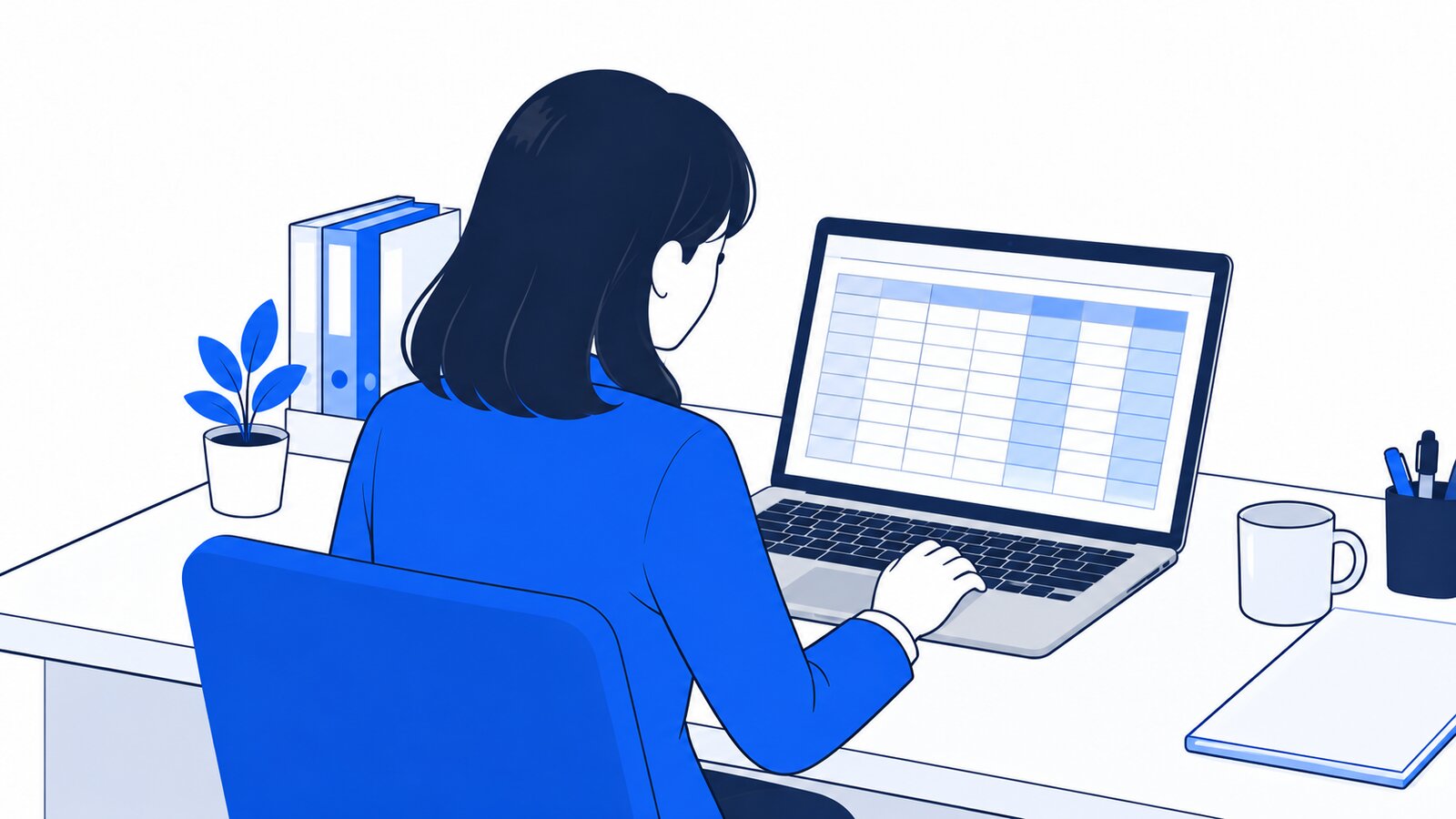 経理担当が自席のノートPCで、できあがったExcelの表を確かめている場面
