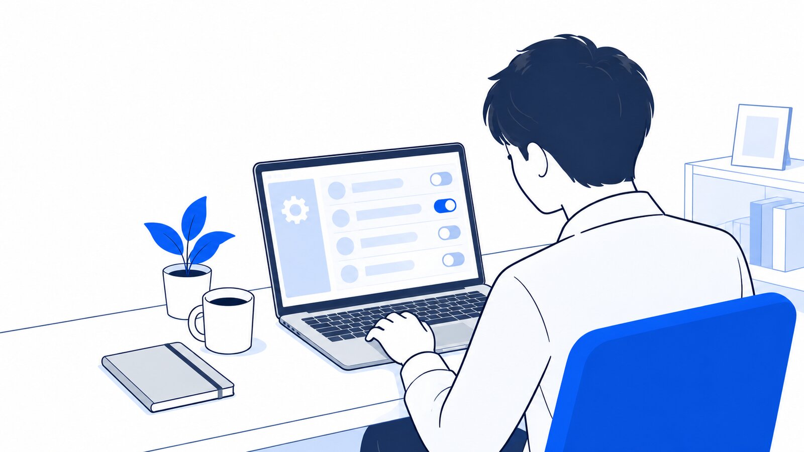 自宅の机でノートPCの設定画面を開き、スキルを有効にしている人を肩越しに見た場面