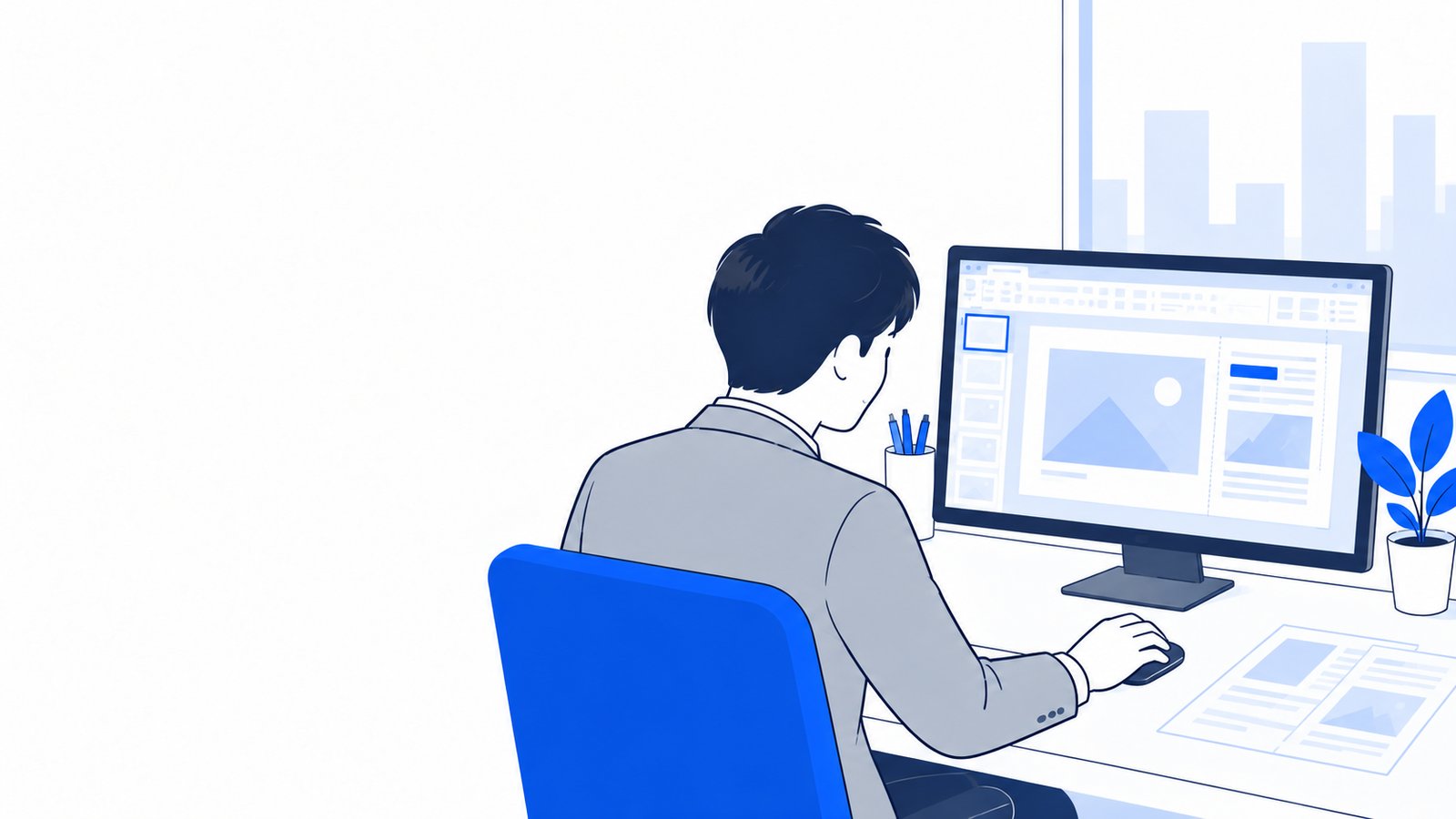 書き出したスライドをPowerPointで開いて、体裁を見直す担当者