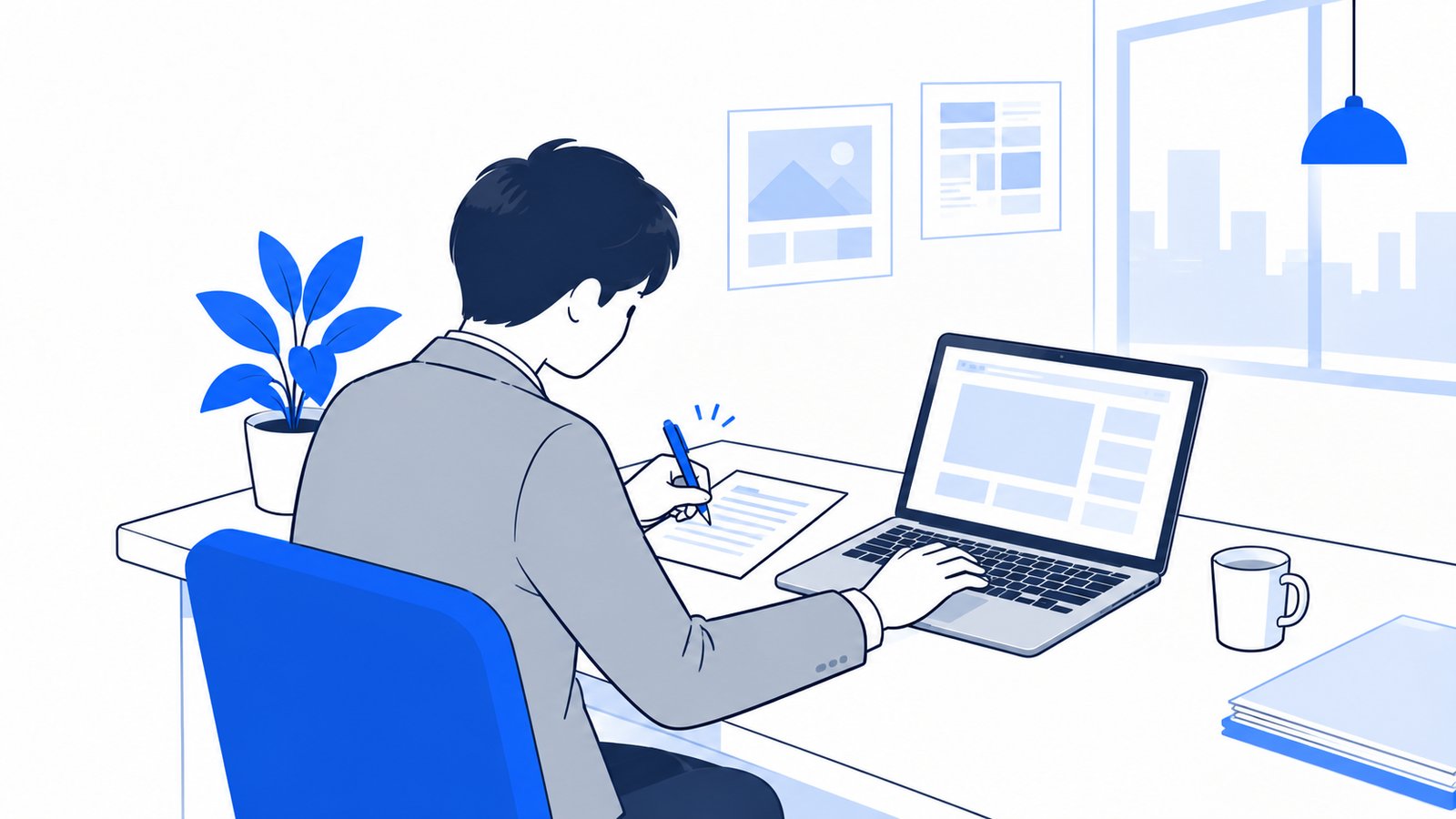 メモ用紙に伝えたいことを書き出してから、PCに入力する会社員